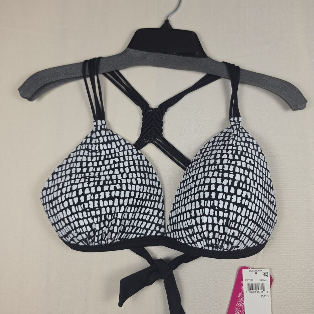 Hula Honey D/DD Push Up Bikini Top Black White Strappy Macrame Back NWT